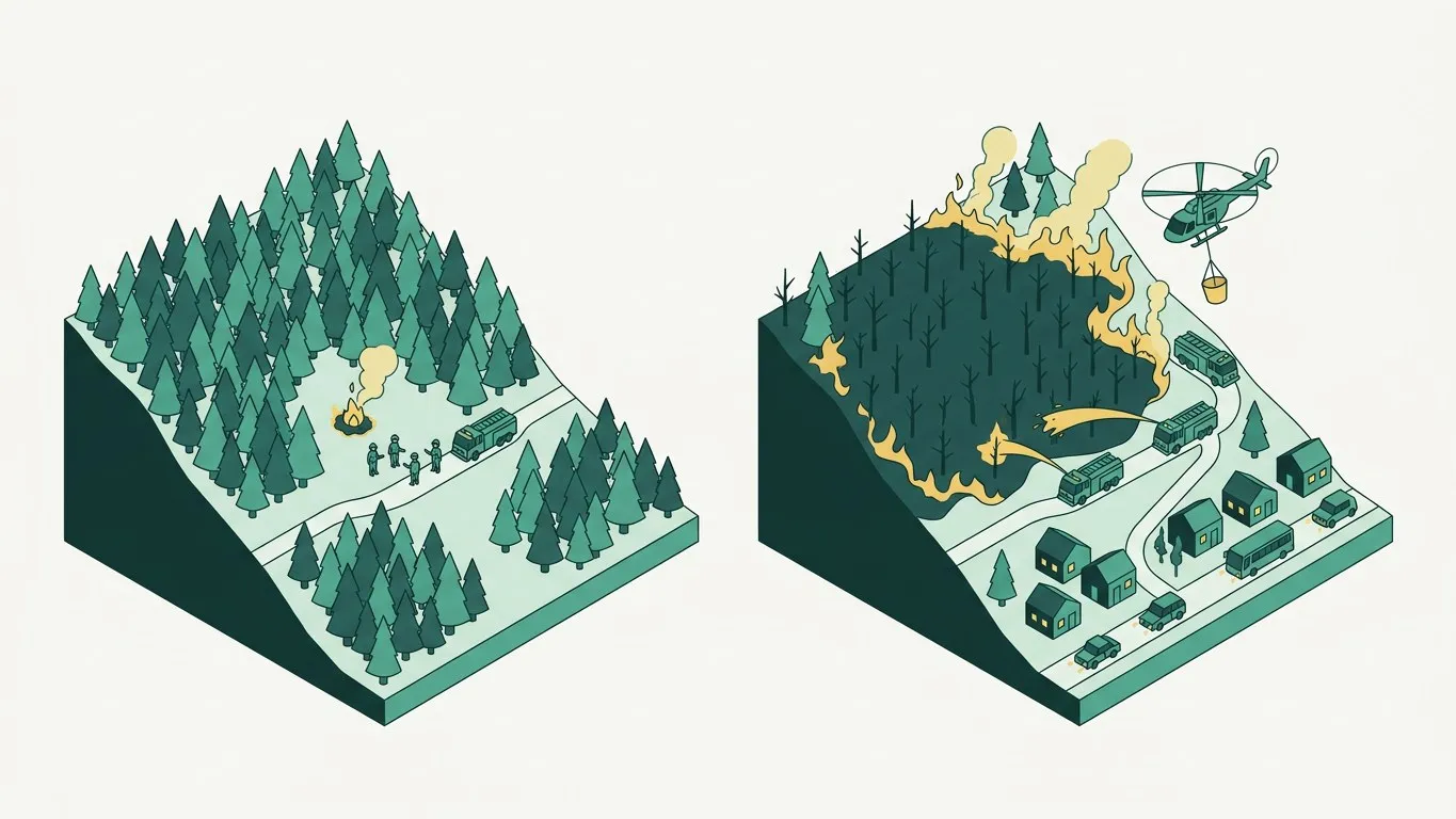 Isometric before-and-after illustration: the same forest slope with a small contained ember and one crew on the left, and a wide burn scar with several trucks, a helicopter and an evacuation on the right.