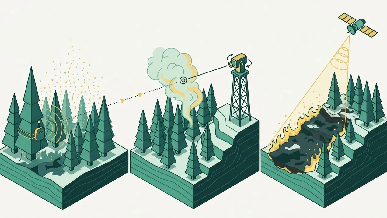 Isometric illustration of a forest slope: invisible gas rising from the smouldering floor reaches a sensor on a trunk, while a distant camera tower and a satellite have nothing to see yet.