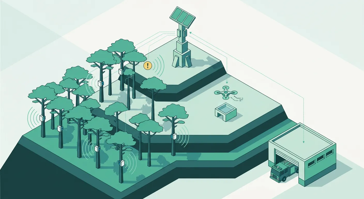 Nodes on trunks every ~100 m, a solar gateway on the ridge, a drone station in the clearing, and the alert that reaches the fire station.
